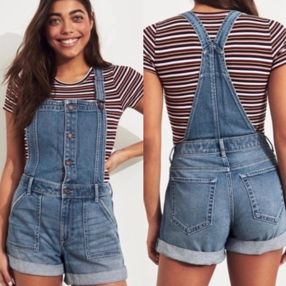 Hollister Blue Denim Overalls Relaxed Fit